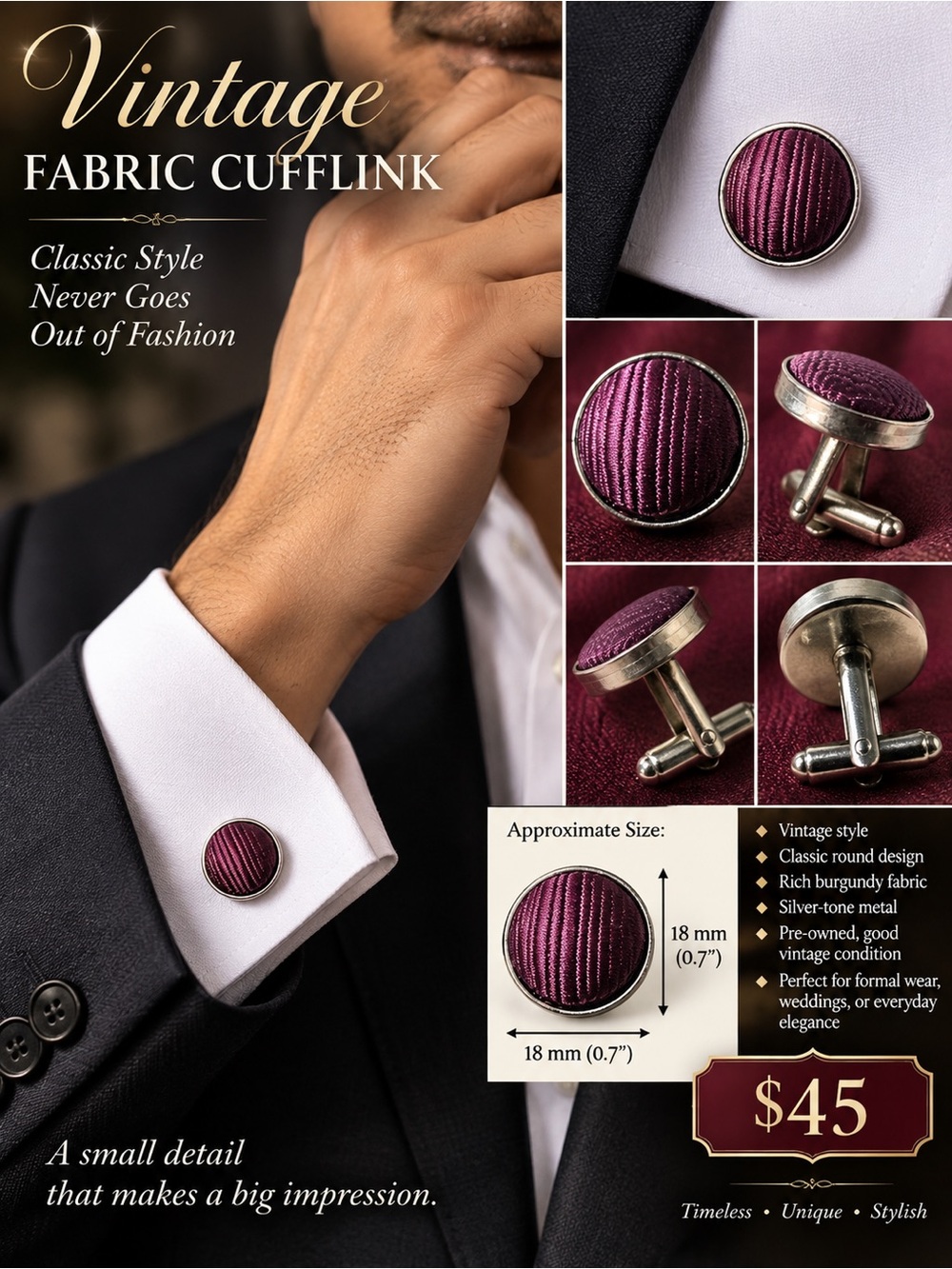 Burgundy Fabric Round Cufflinks with Silver-Tone Trim